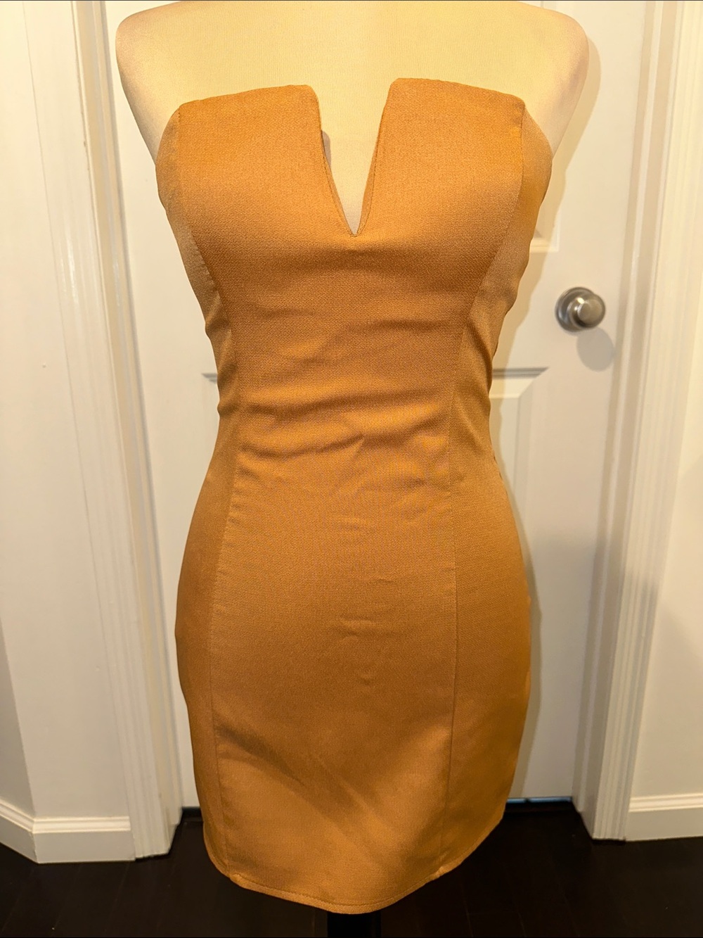 H&M Strapless V-Notch Bodycon Dress in Mustard Yellow